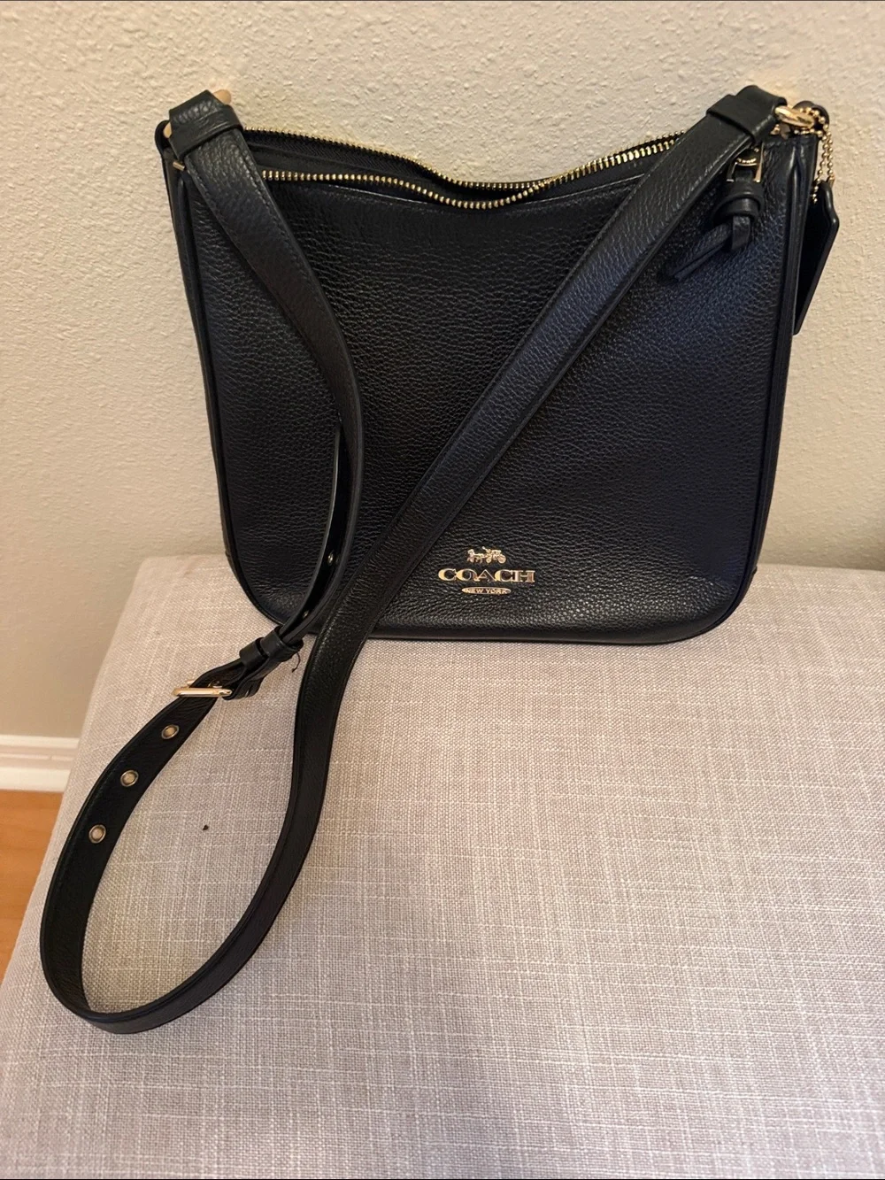 Coach Black Pebbled Leather Crossbody with Gold Accent